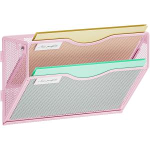 imageMarbrasse Wall File Holder 2Tier Hanging Wall File Organizer Mesh Mail Holder for Papers Wall Mount File Clipboard ampamp Magazine Organizer Great for Office Home White2 tier  Pink