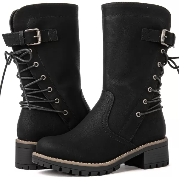 GLOBALWIN Women's Biker Boots Lace up Mid Calf Motorcycle Fashion Festival Boots Combat Riding Military Boots for Women