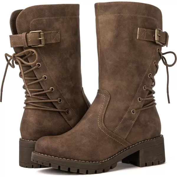 GLOBALWIN Women's Biker Boots Lace up Mid Calf Motorcycle Fashion Festival Boots Combat Riding Military Boots for Women