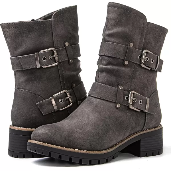 GLOBALWIN Women's Biker Boots Lace up Mid Calf Motorcycle Fashion Festival Boots Combat Riding Military Boots for Women