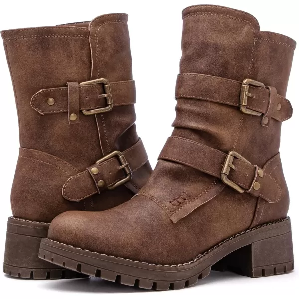 GLOBALWIN Women's Biker Boots Lace up Mid Calf Motorcycle Fashion Festival Boots Combat Riding Military Boots for Women
