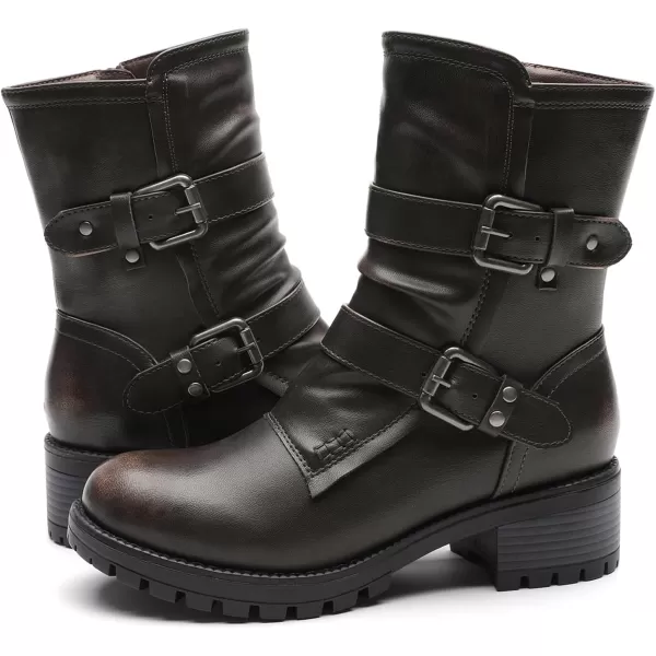 GLOBALWIN Women's Biker Boots Lace up Mid Calf Motorcycle Fashion Festival Boots Combat Riding Military Boots for Women
