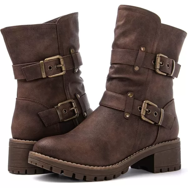GLOBALWIN Women's Biker Boots Lace up Mid Calf Motorcycle Fashion Festival Boots Combat Riding Military Boots for Women