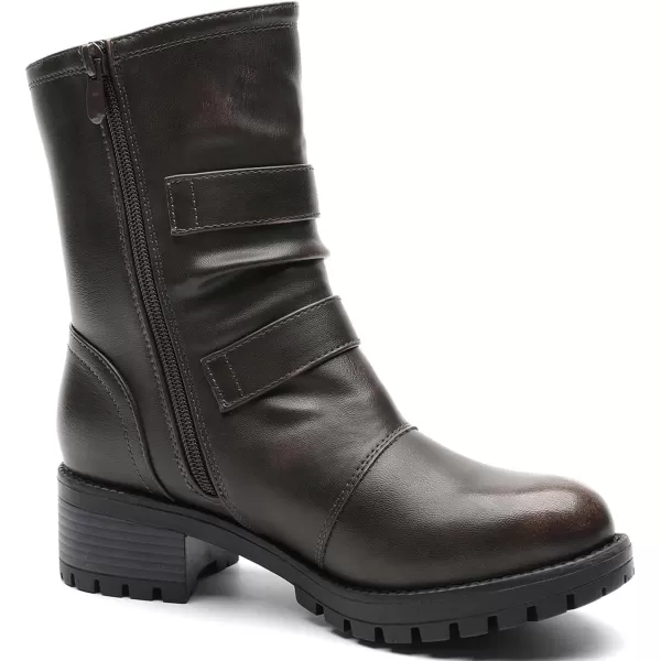 GLOBALWIN Women's Biker Boots Lace up Mid Calf Motorcycle Fashion Festival Boots Combat Riding Military Boots for Women