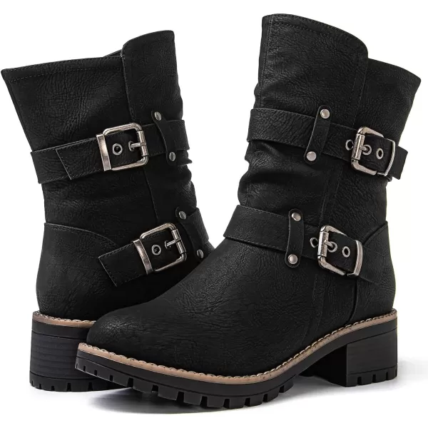 GLOBALWIN Women's Biker Boots Lace up Mid Calf Motorcycle Fashion Festival Boots Combat Riding Military Boots for Women