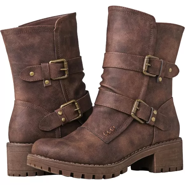 GLOBALWIN Women's Biker Boots Lace up Mid Calf Motorcycle Fashion Festival Boots Combat Riding Military Boots for Women
