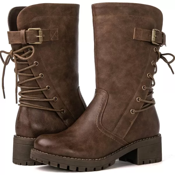 GLOBALWIN Women's Biker Boots Lace up Mid Calf Motorcycle Fashion Festival Boots Combat Riding Military Boots for Women
