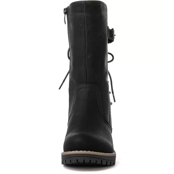 GLOBALWIN Women's Biker Boots Lace up Mid Calf Motorcycle Fashion Festival Boots Combat Riding Military Boots for Women