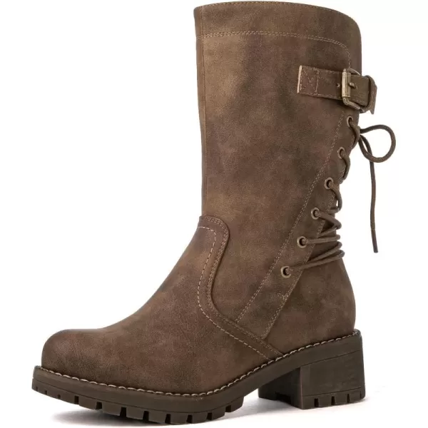 GLOBALWIN Women's Biker Boots Lace up Mid Calf Motorcycle Fashion Festival Boots Combat Riding Military Boots for Women
