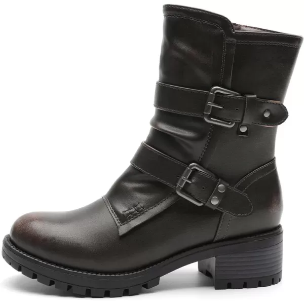 GLOBALWIN Women's Biker Boots Lace up Mid Calf Motorcycle Fashion Festival Boots Combat Riding Military Boots for Women