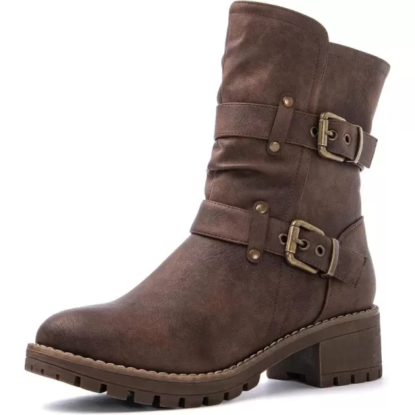 GLOBALWIN Women's Biker Boots Lace up Mid Calf Motorcycle Fashion Festival Boots Combat Riding Military Boots for Women