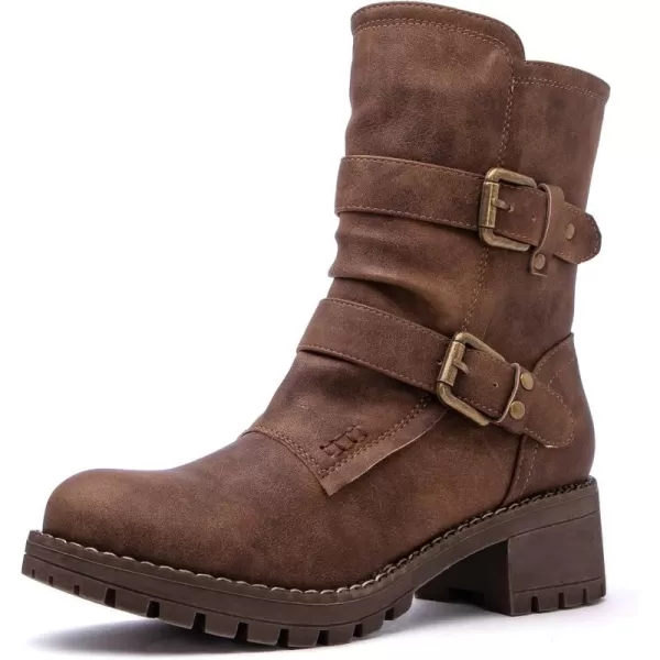 GLOBALWIN Women's Biker Boots Lace up Mid Calf Motorcycle Fashion Festival Boots Combat Riding Military Boots for Women