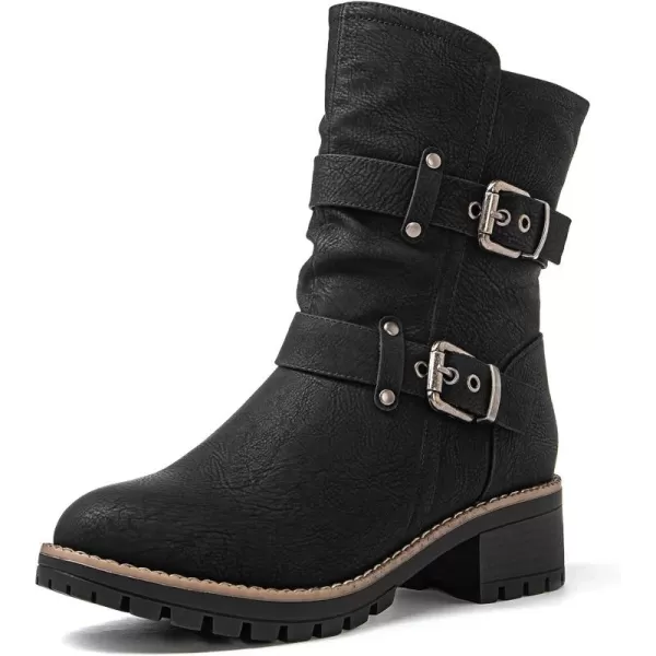 GLOBALWIN Women's Biker Boots Lace up Mid Calf Motorcycle Fashion Festival Boots Combat Riding Military Boots for Women