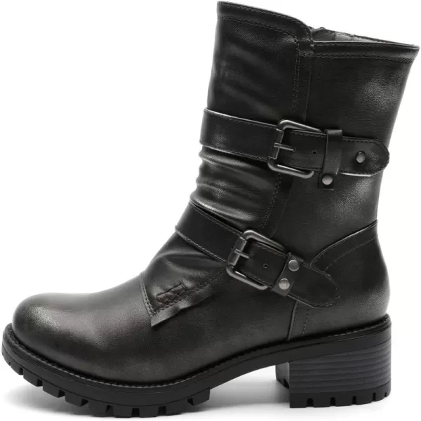 GLOBALWIN Women's Biker Boots Lace up Mid Calf Motorcycle Fashion Festival Boots Combat Riding Military Boots for Women