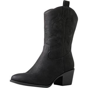 imageGLOBALWIN Womens Mid Calf The Western Cowgirl Boots Fashion Cowboy Boots For Women Chunky Low Heel19yy17black