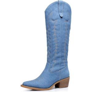imageGLOBALWIN Womens Knee High Long Pointed Toe Western Cowboy Boots For Women23yy03 Denim Blue