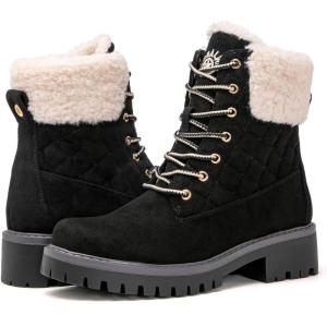 imageGLOBALWIN Womens Quilted Ankle Boots Fashion Combat Boots Lace Up Combat Boots Low Heel Warm Fur Ankle Booties For Women1915black