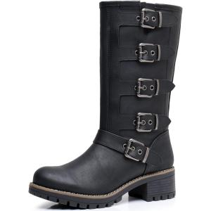 imageGLOBALWIN Chunky Mid Calf Fashion Dressy Motocycle Biker Military Style Combat Boots for Women Low Heel23yy11 Black
