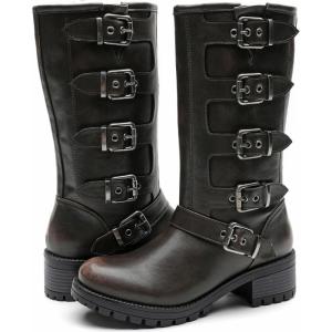 imageGLOBALWIN Chunky Mid Calf Fashion Dressy Motocycle Biker Military Style Combat Boots for Women Low Heel23yy11 Brown Distressed