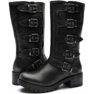 imageGLOBALWIN Chunky Mid Calf Fashion Dressy Motocycle Biker Military Style Combat Boots for Women Low Heel23yy11 Silver Distressed