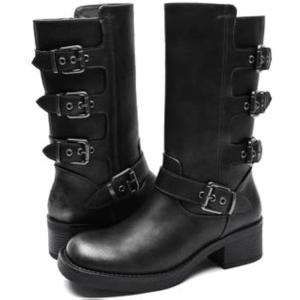 imageGLOBALWIN Chunky Mid Calf Fashion Dressy Motocycle Biker Military Style Combat Boots for Women Low Heel24yy02 Distressed Silver