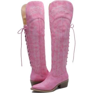 imageGLOBALWIN Womens Cowboy Western Fashion Over The Knee Thigh High Cowgirl Boots Low Heel23yy08 Pink