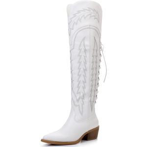 imageGLOBALWIN Womens Cowboy Western Fashion Over The Knee Thigh High Cowgirl Boots Low Heel23yy08 White