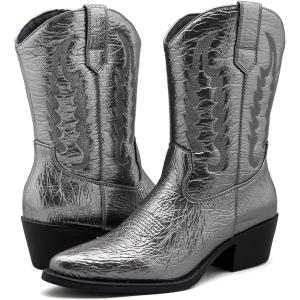 imageGLOBALWIN Womens Cowgirl Boots Mid Calf Western Cowboy Boots For Women Comfortable Low Heel With Zipper23yy09 Dark Silver