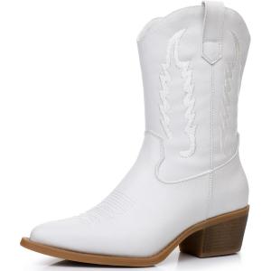 imageGLOBALWIN Womens Cowgirl Boots Mid Calf Western Cowboy Boots For Women Comfortable Low Heel With Zipper23yy09 White