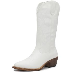 imageGLOBALWIN Womens Mid Calf Western Cowboy Boots Cowgirl Boots for Women with Floral Embroidery Side Zipper Chunky Heel23yy13 White