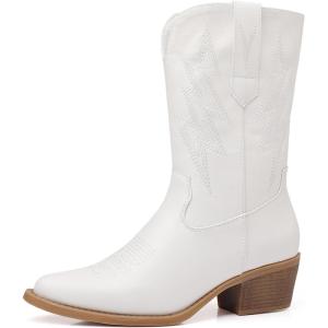 imageGLOBALWIN Womens Mid Calf Western Cowboy Cowgirl Pointed Toe Boots With Chunky Low Heels23yy10 White