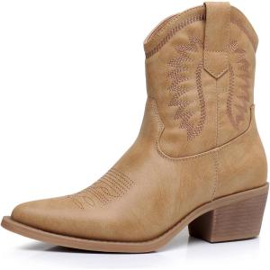 imageGLOBALWIN Womens Western Charm Cowgirl Boots Mid Calf Comfy Cowboy Boots For Women With Pointed Toe23yy07 Kahki