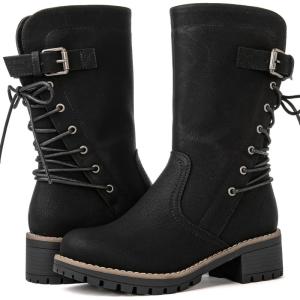 imageGLOBALWIN Womens Biker Boots Lace up Back Mid Calf Motorcycle Fashion Festival Boots Combat Riding Military Boots for Women19yy19 Black2