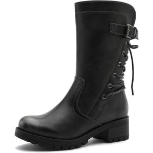 imageGLOBALWIN Womens Biker Boots Lace up Back Mid Calf Motorcycle Fashion Festival Boots Combat Riding Military Boots for Women19yy19 Brown2