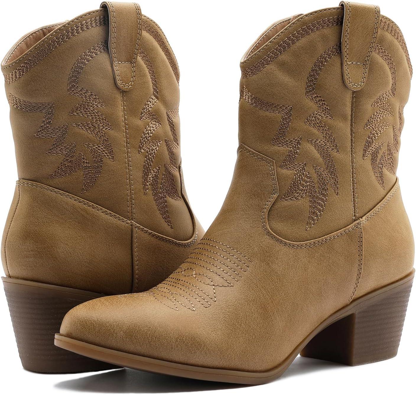 imageGLOBALWIN Womens Mid Calf The Western Cowboy Boots Fashion Cowgirl Boots For Women Low Heel22yy10 Kahki