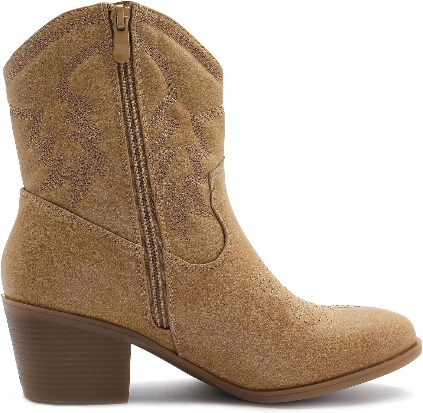 imageGLOBALWIN Womens Mid Calf The Western Cowboy Boots Fashion Cowgirl Boots For Women Low Heel22yy10 Kahki