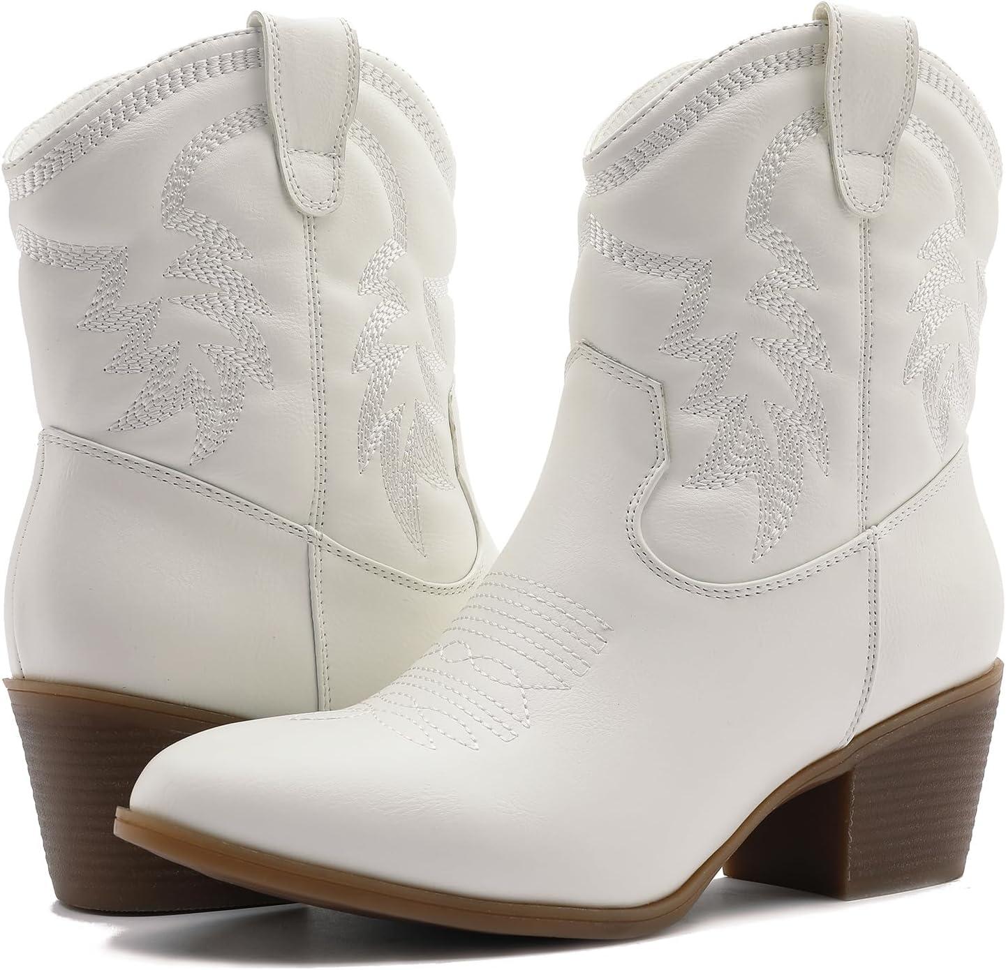 imageGLOBALWIN Womens Mid Calf The Western Cowboy Boots Fashion Cowgirl Boots For Women Low Heel22yy10 White