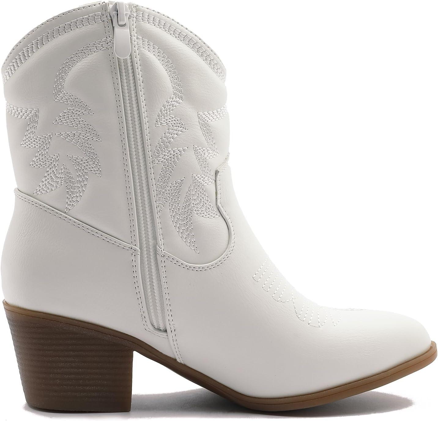 imageGLOBALWIN Womens Mid Calf The Western Cowboy Boots Fashion Cowgirl Boots For Women Low Heel22yy10 White