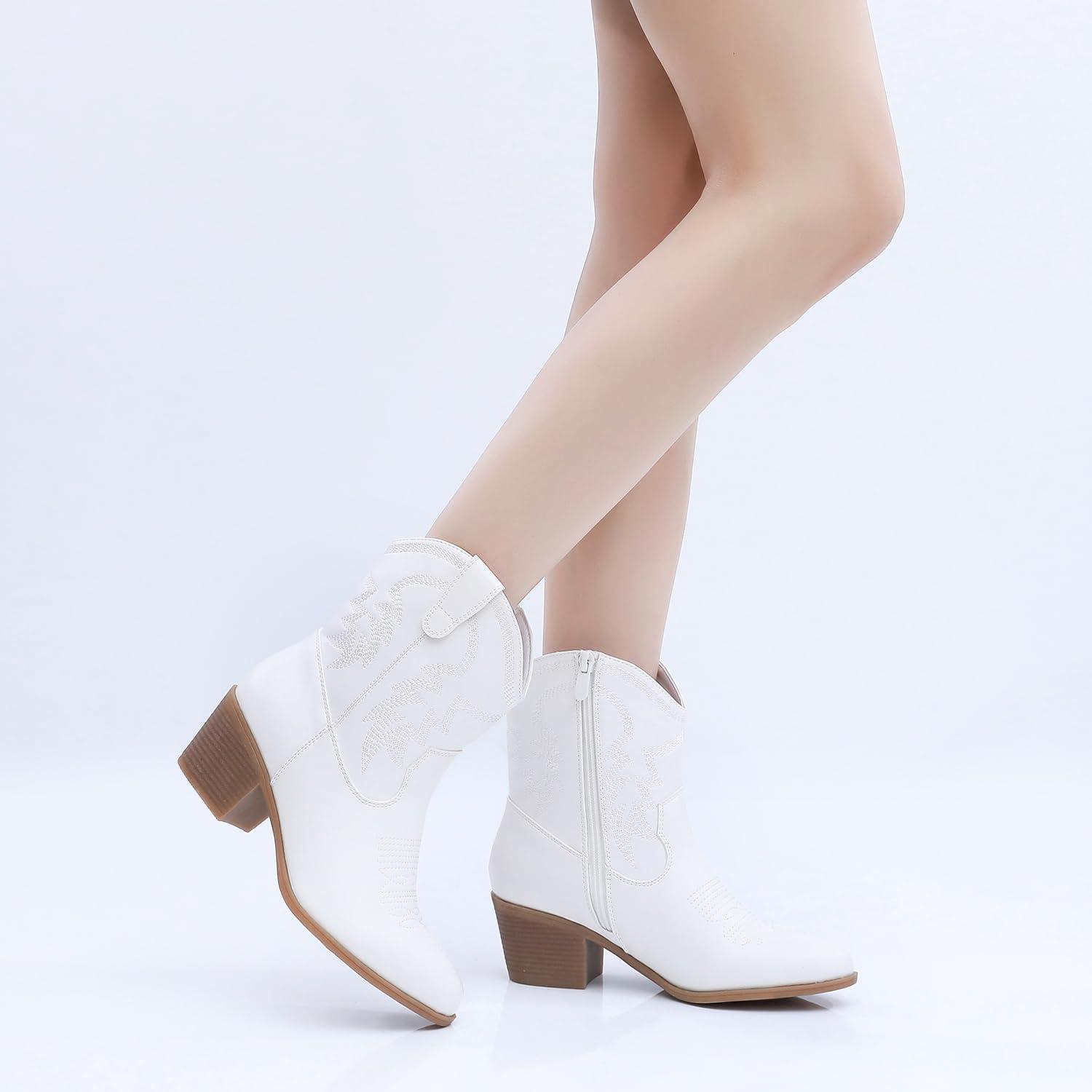 imageGLOBALWIN Womens Mid Calf The Western Cowboy Boots Fashion Cowgirl Boots For Women Low Heel22yy10 White