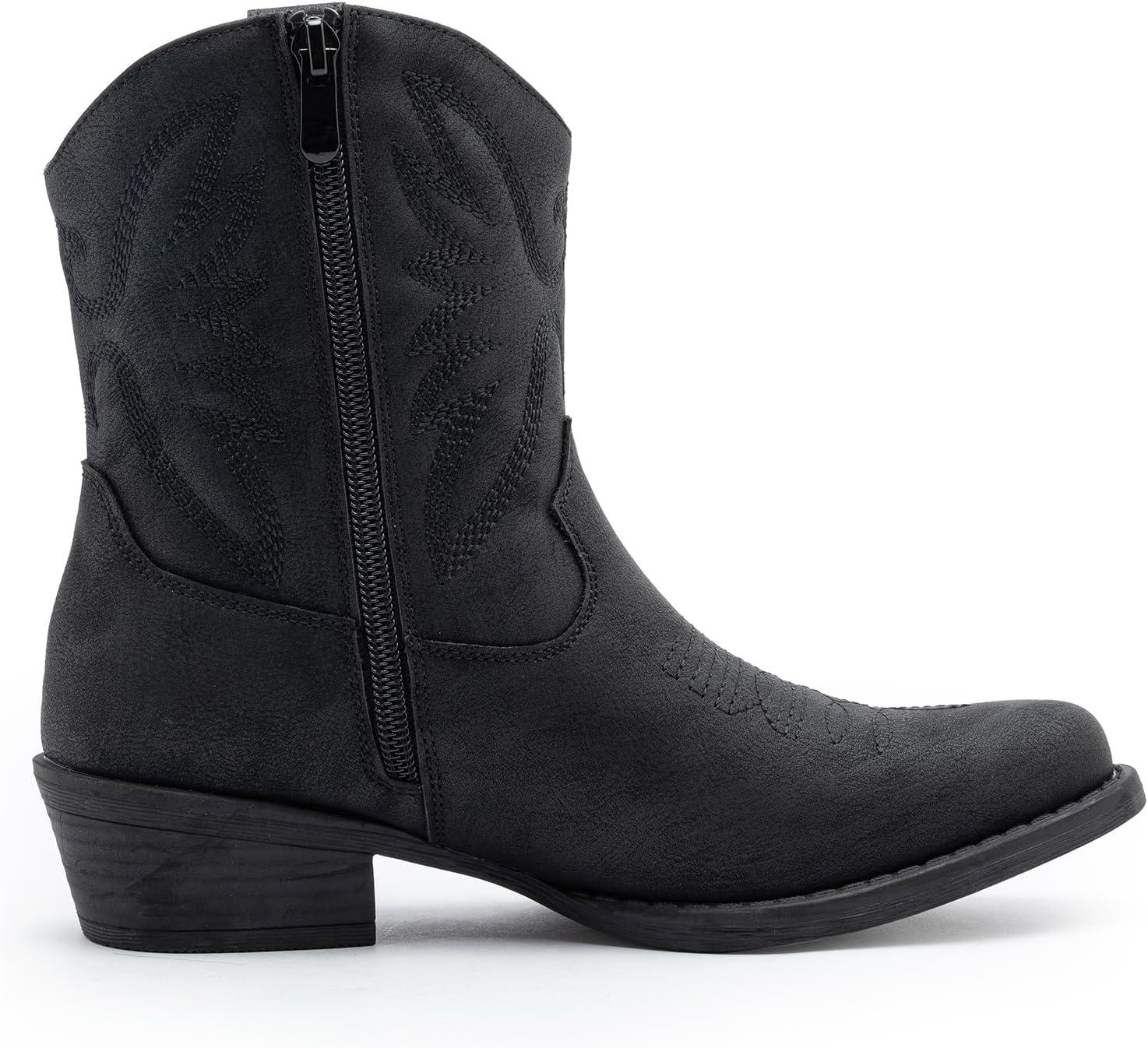 imageGLOBALWIN Womens Mid Calf The Western Cowboy Boots Fashion Cowgirl Boots For Women Low HeelBlack