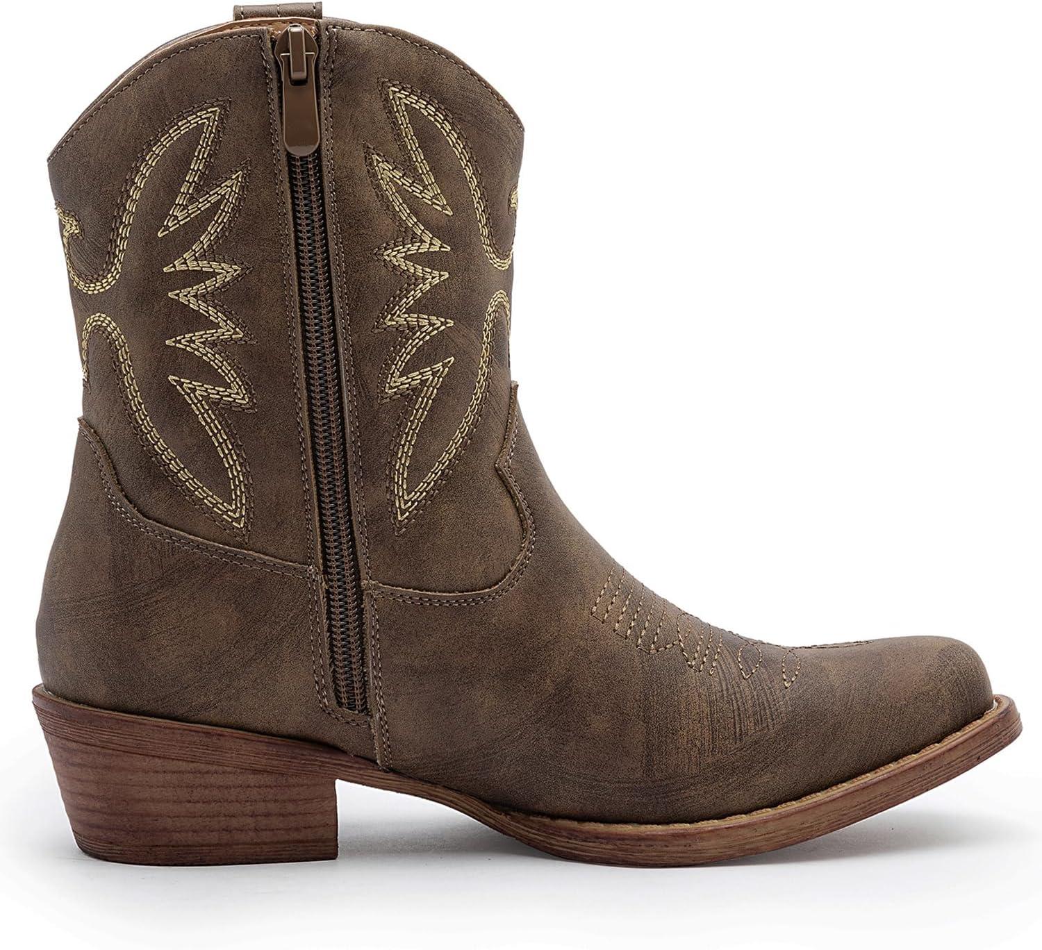 imageGLOBALWIN Womens Mid Calf The Western Cowboy Boots Fashion Cowgirl Boots For Women Low HeelBrown