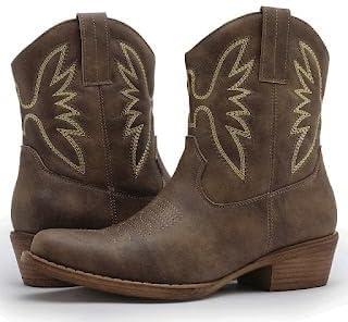 imageGLOBALWIN Womens Mid Calf The Western Cowboy Boots Fashion Cowgirl Boots For Women Low HeelBrown