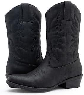imageGLOBALWIN Womens Mid Calf The Western Cowgirl Boots Fashion Cowboy Boots For Women Chunky Low HeelBlack
