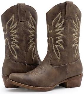 imageGLOBALWIN Womens Mid Calf The Western Cowgirl Boots Fashion Cowboy Boots For Women Chunky Low HeelBrown
