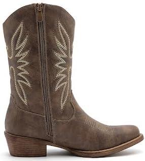 imageGLOBALWIN Womens Mid Calf The Western Cowgirl Boots Fashion Cowboy Boots For Women Chunky Low HeelBrown