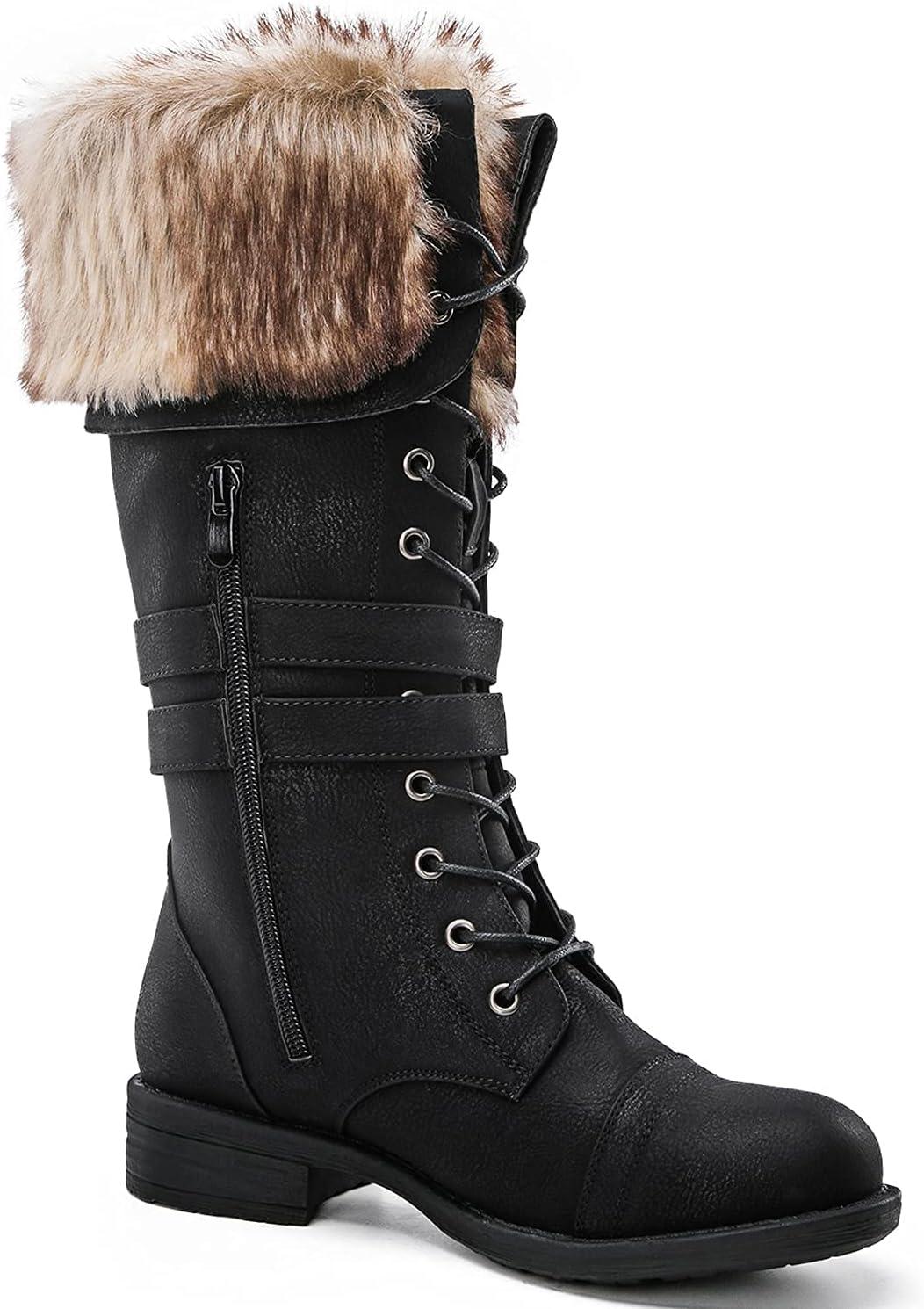 imageGLOBALWIN Womens Mid Calf To Knee High Boots Dressy Lace Up Combat Boots for Women Low Heel17yy02black