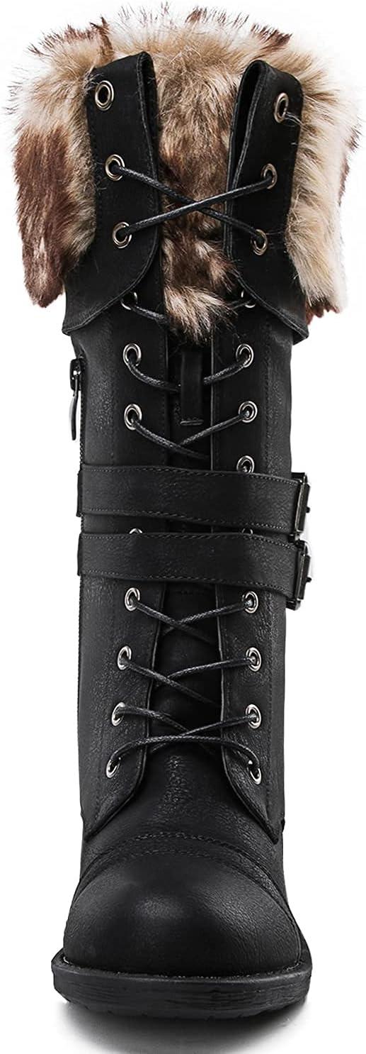 imageGLOBALWIN Womens Mid Calf To Knee High Boots Dressy Lace Up Combat Boots for Women Low Heel17yy02black