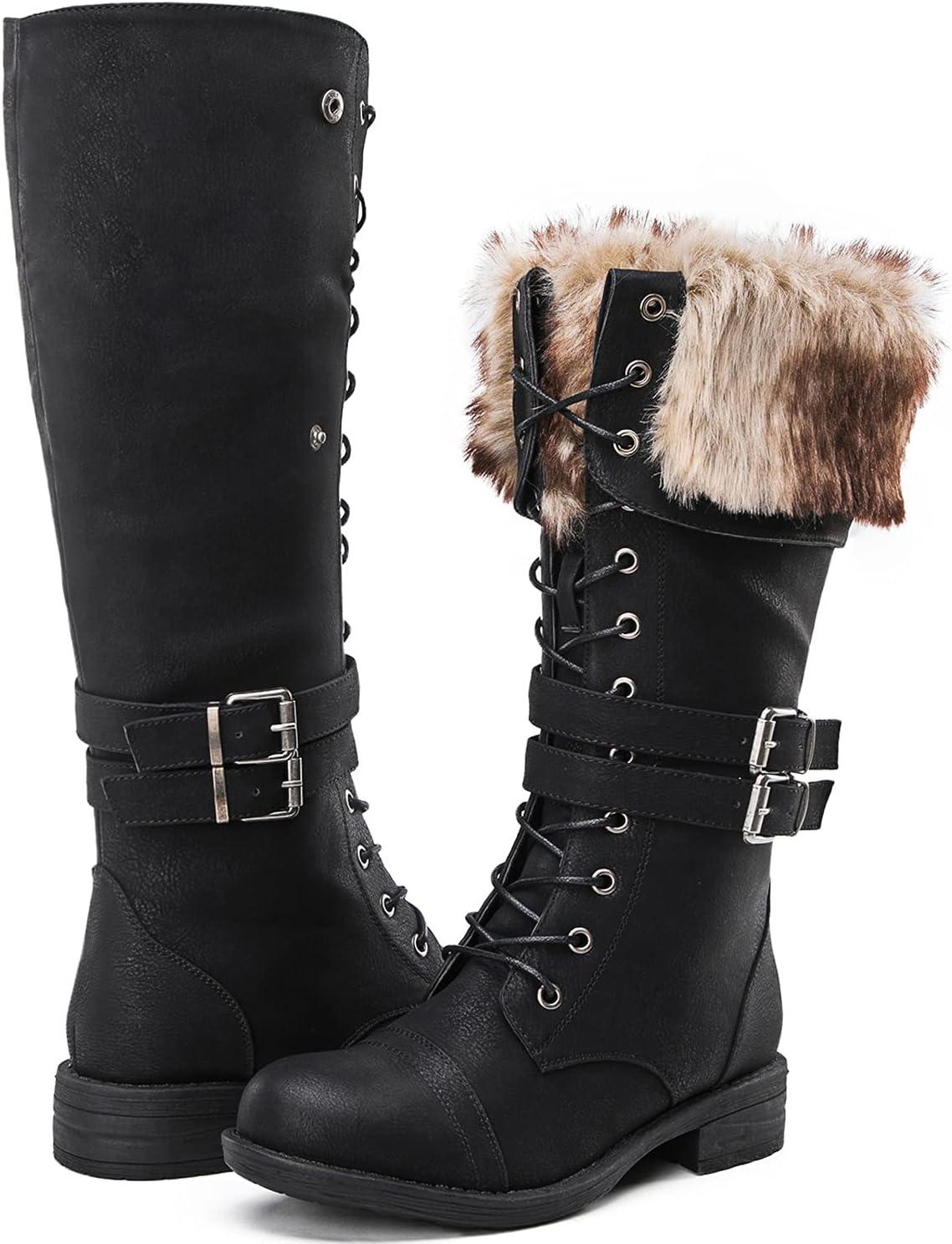 imageGLOBALWIN Womens Mid Calf To Knee High Boots Dressy Lace Up Combat Boots for Women Low Heel17yy02black