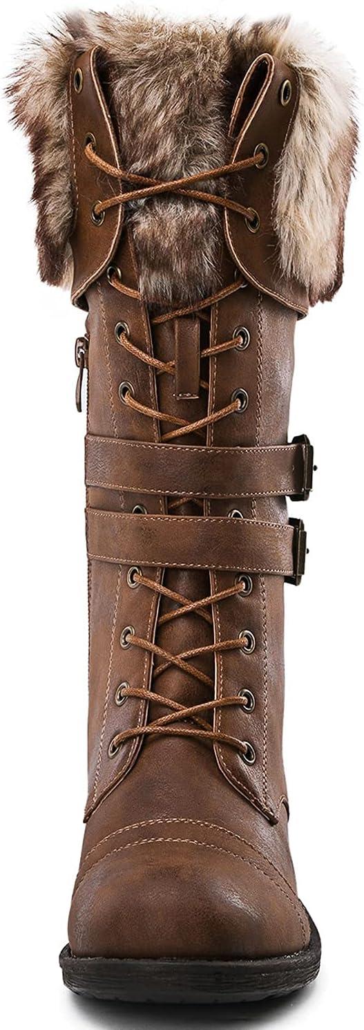 imageGLOBALWIN Womens Mid Calf To Knee High Boots Dressy Lace Up Combat Boots for Women Low Heel17yy02brown