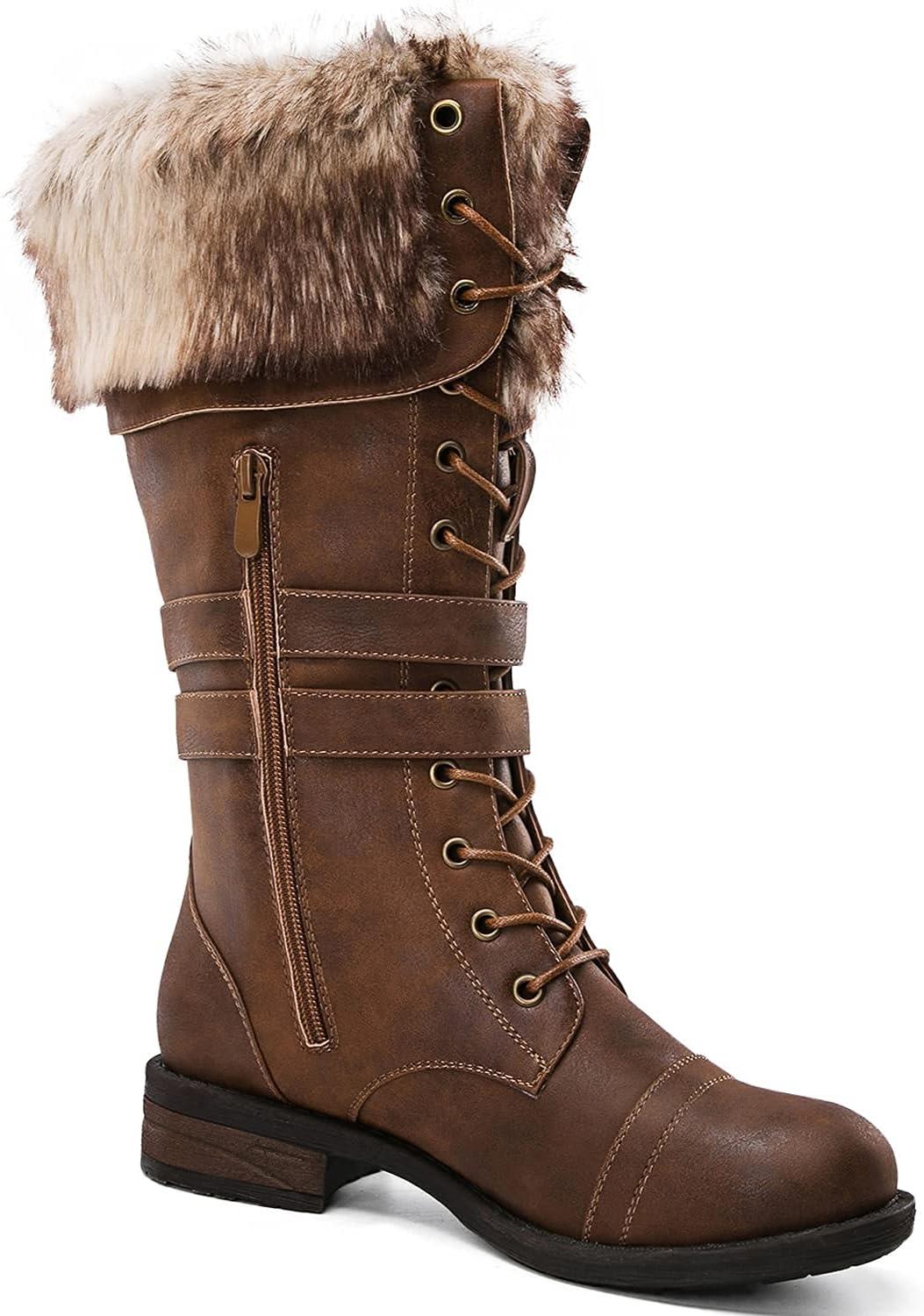 imageGLOBALWIN Womens Mid Calf To Knee High Boots Dressy Lace Up Combat Boots for Women Low Heel17yy02brown